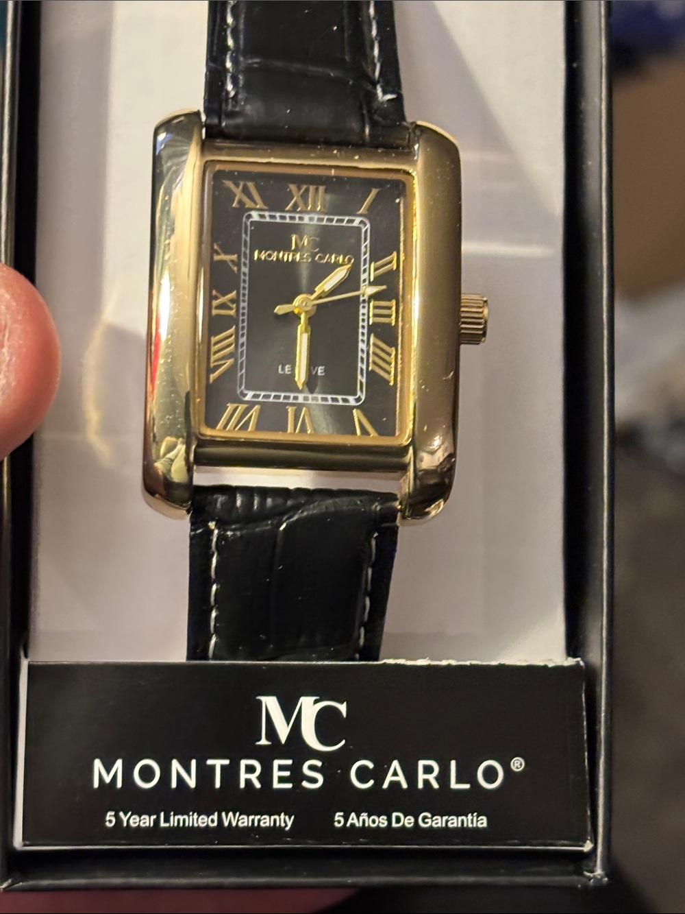 Men's Gold-Tone Rectangular Black Dial Watch